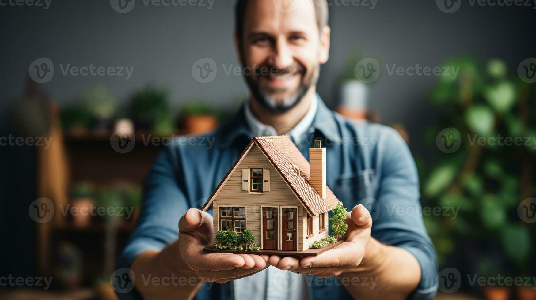 Real estate agent man holding a house model. Generative AI photo