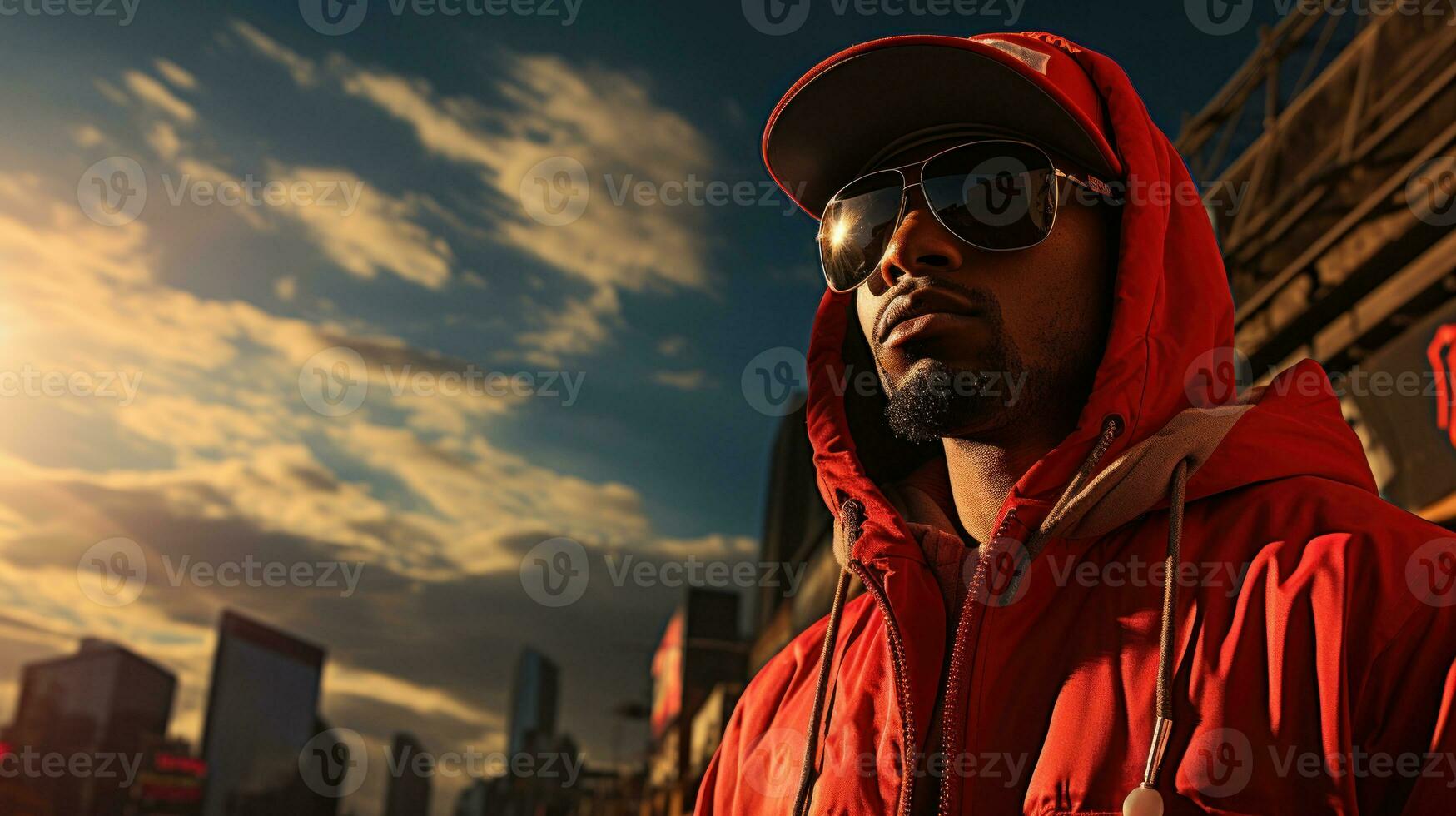 Rapper in oversized gold chains and a baseball jersey.. Generative AI photo