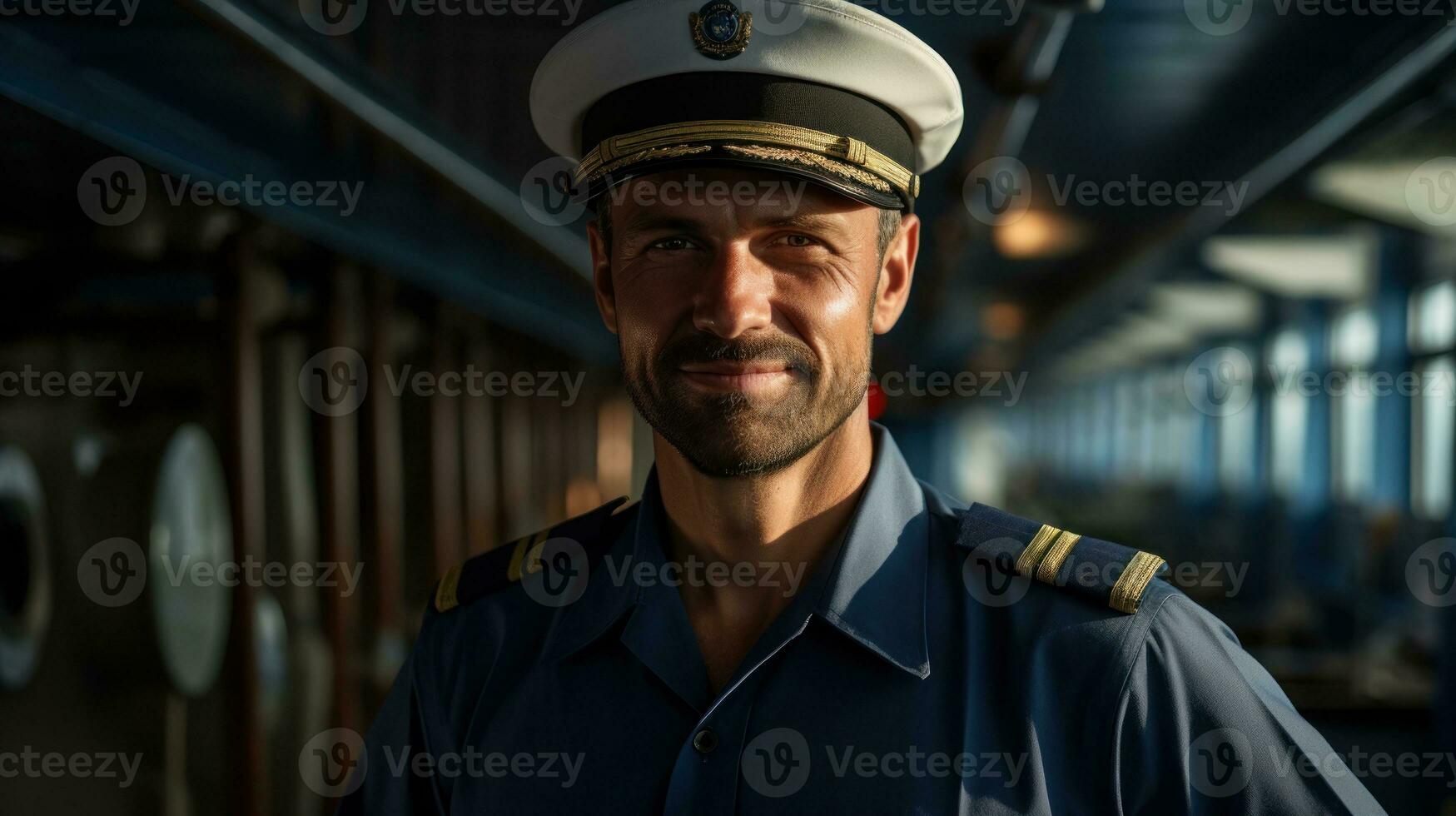 Sailor in a shirt with a nautical cap.. Generative AI photo