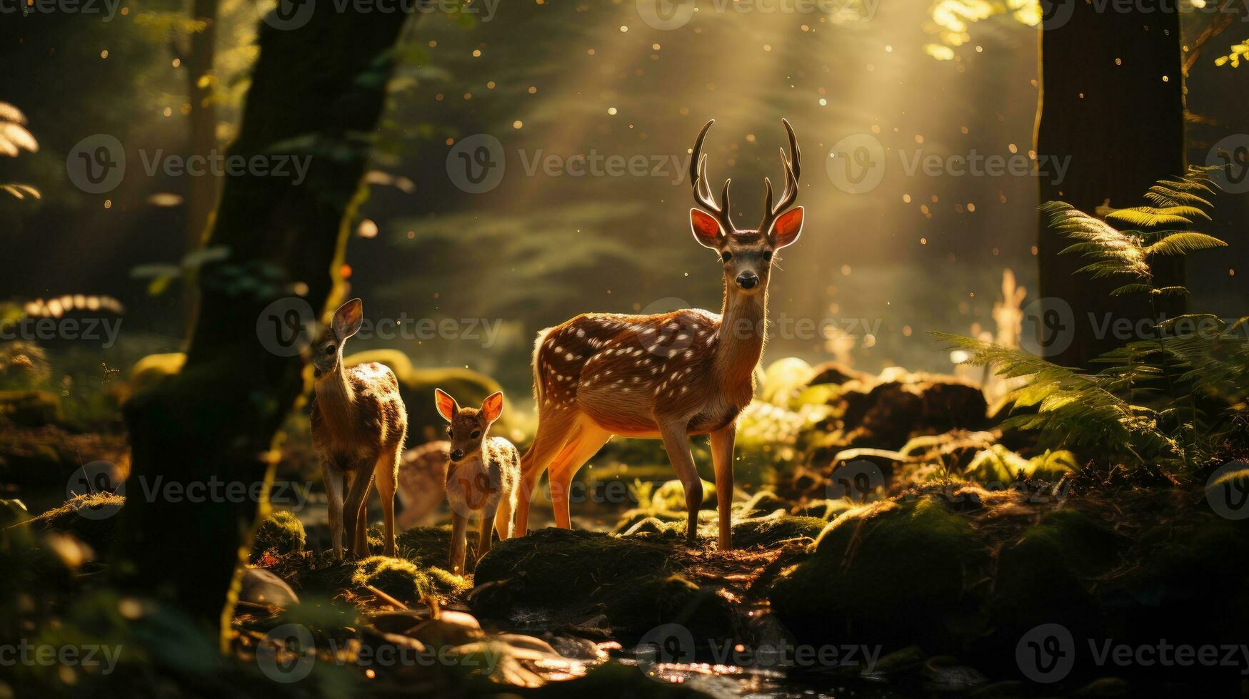 Tranquil forest scene, shot tracking a family of deer under warm sunlight. Generative AI.. Generative AI photo