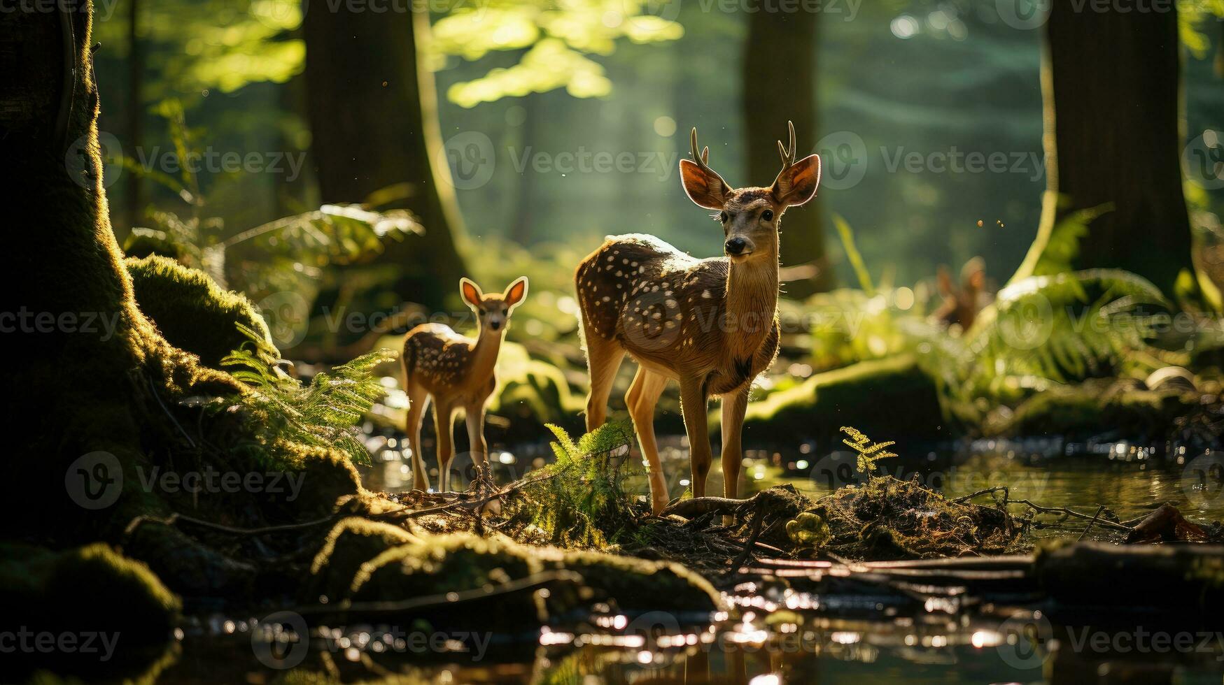 Tranquil forest scene, shot tracking a family of deer under warm sunlight. Generative AI.. Generative AI photo