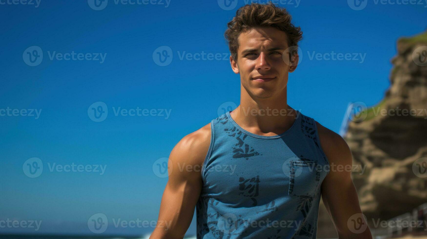 hermoso y muscular tablista en el playa. generativo ai foto