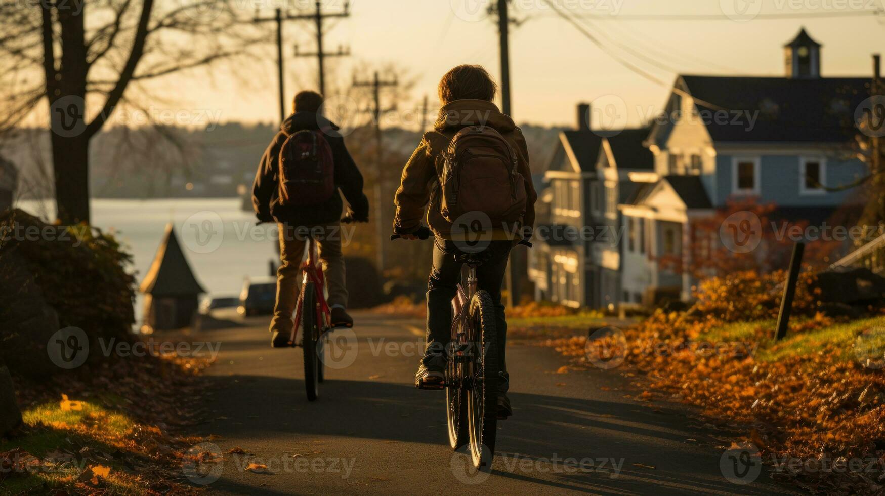 A group of friends of young children riding bicycles on a quiet street. Generative AI photo