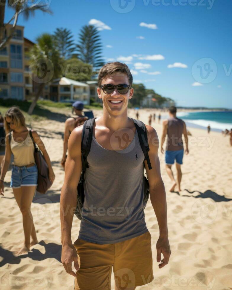 Handsome and muscular surfer on the beach. Generative AI photo