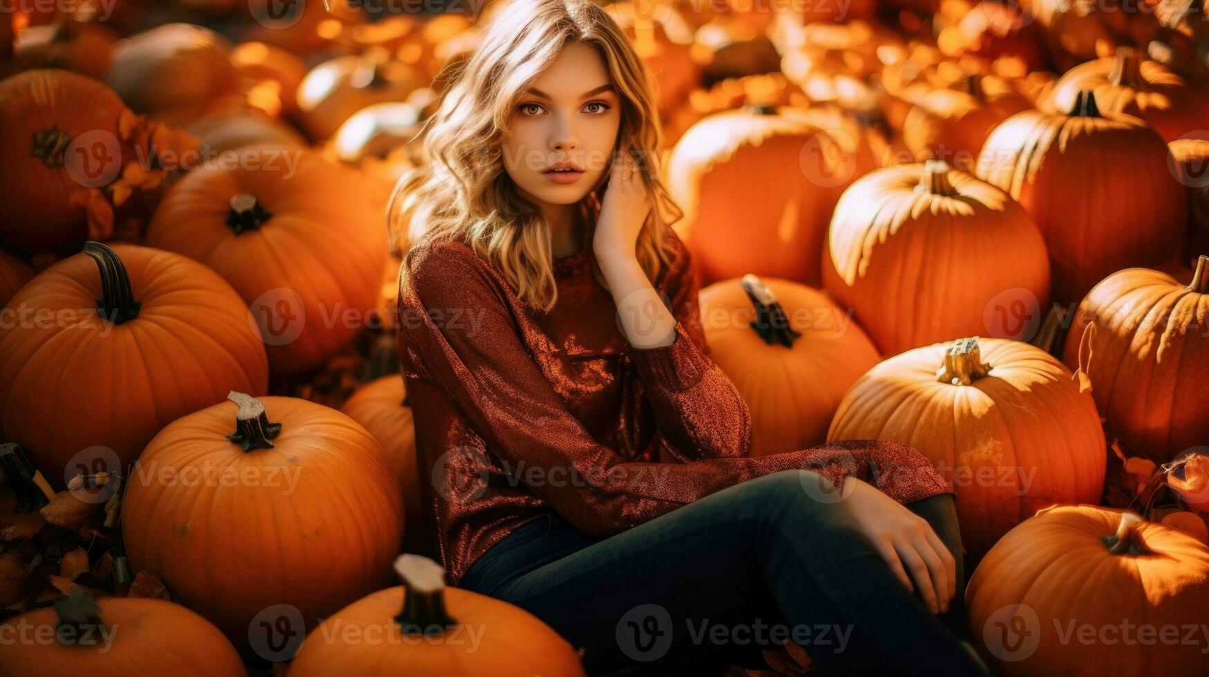 A young girl poses in a field with lots of pumpkins. Generative AI photo