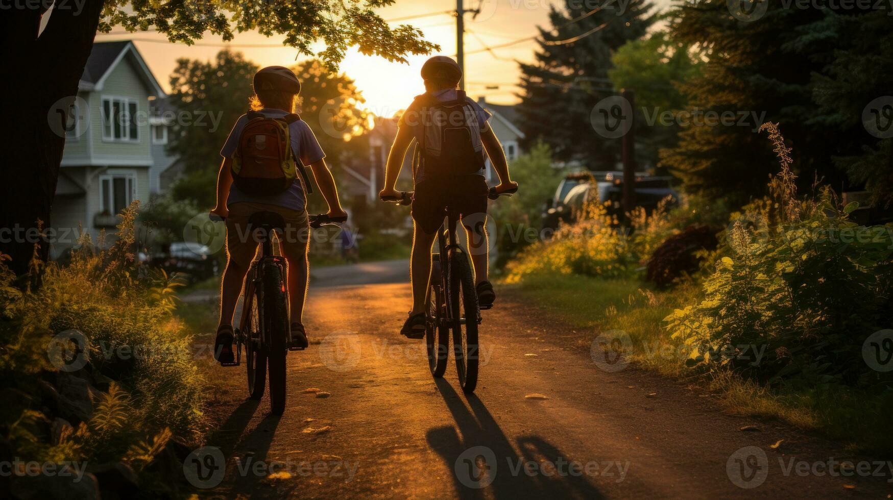 A group of friends of young children riding bicycles on a quiet street. Generative AI photo