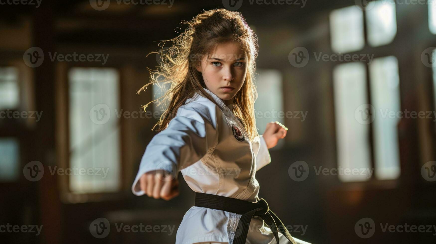 Teenage girl in a martial arts uniform doing a kick.. Generative AI photo