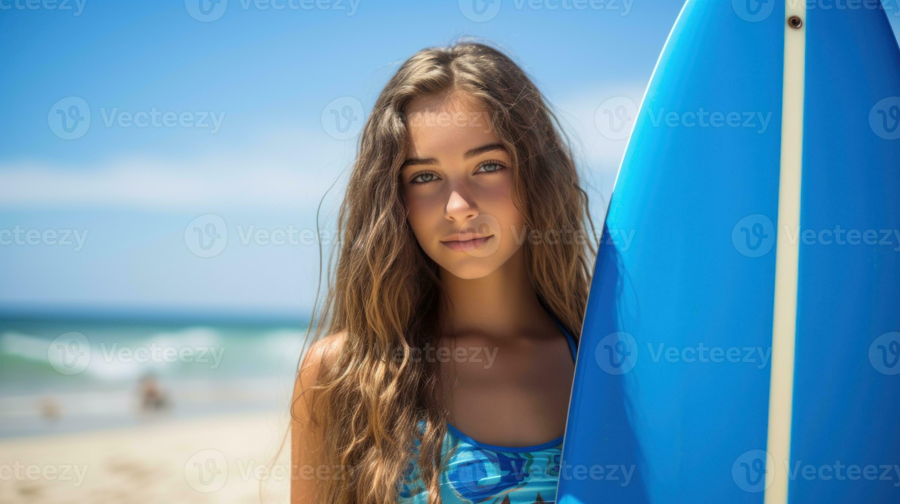 Young teenager girl in swimsuit holding supboard on the beach. AI