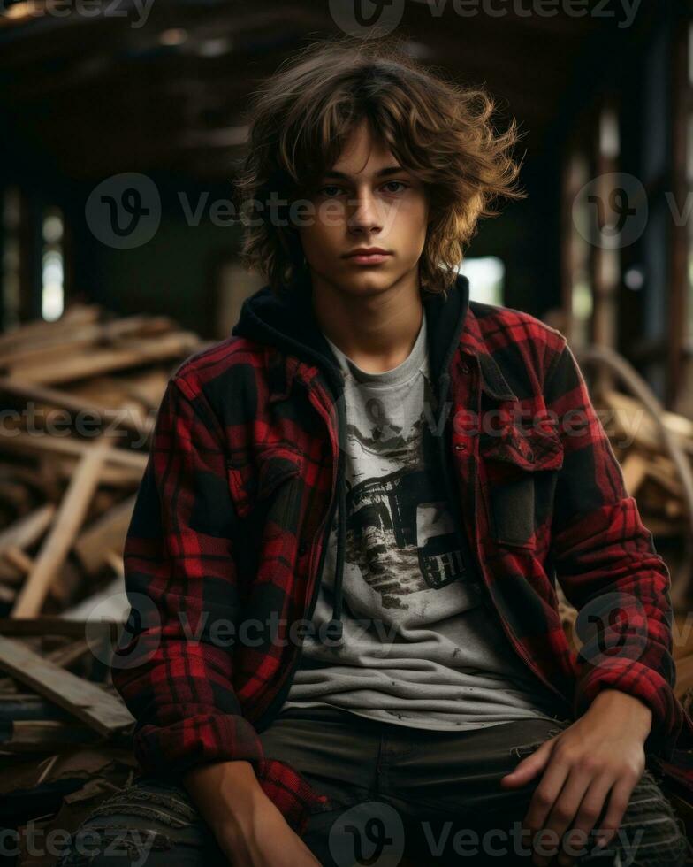 adolescente en un grunge franela camisa y rasgado vaqueros.. generativo ai foto