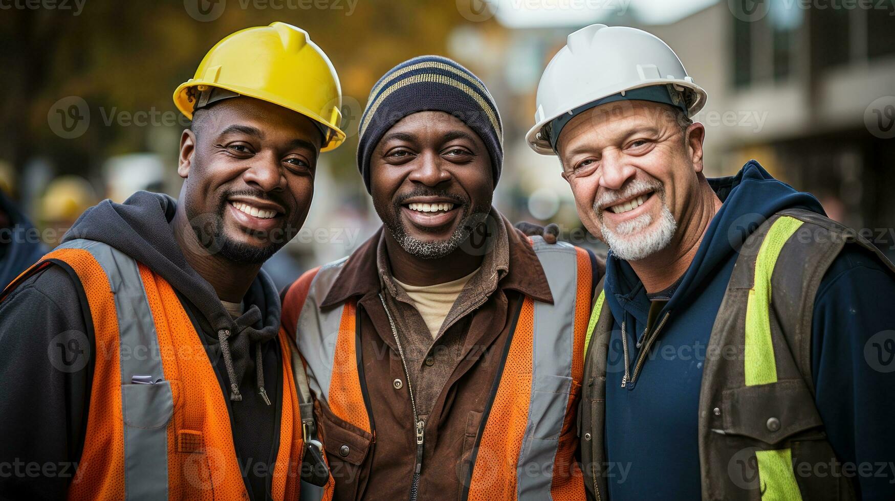 Close-up portrait of a group of smiling workers. Generative AI photo