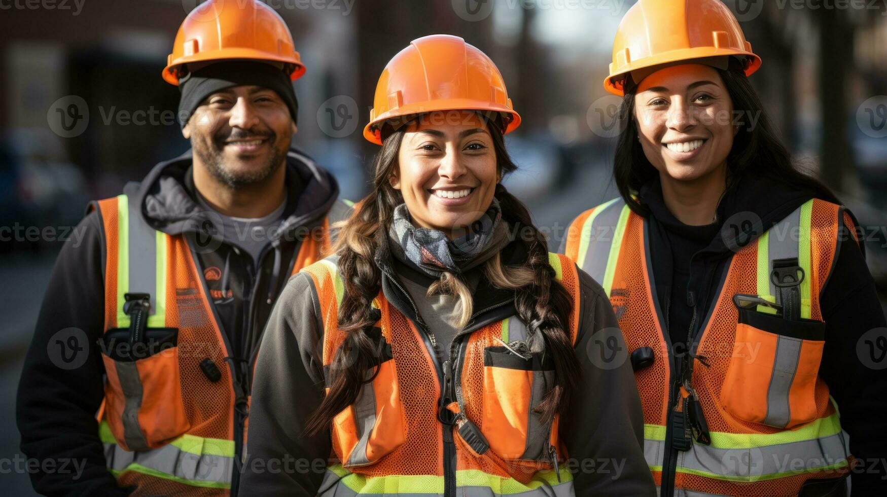 Close-up portrait of a group of smiling workers. Generative AI photo