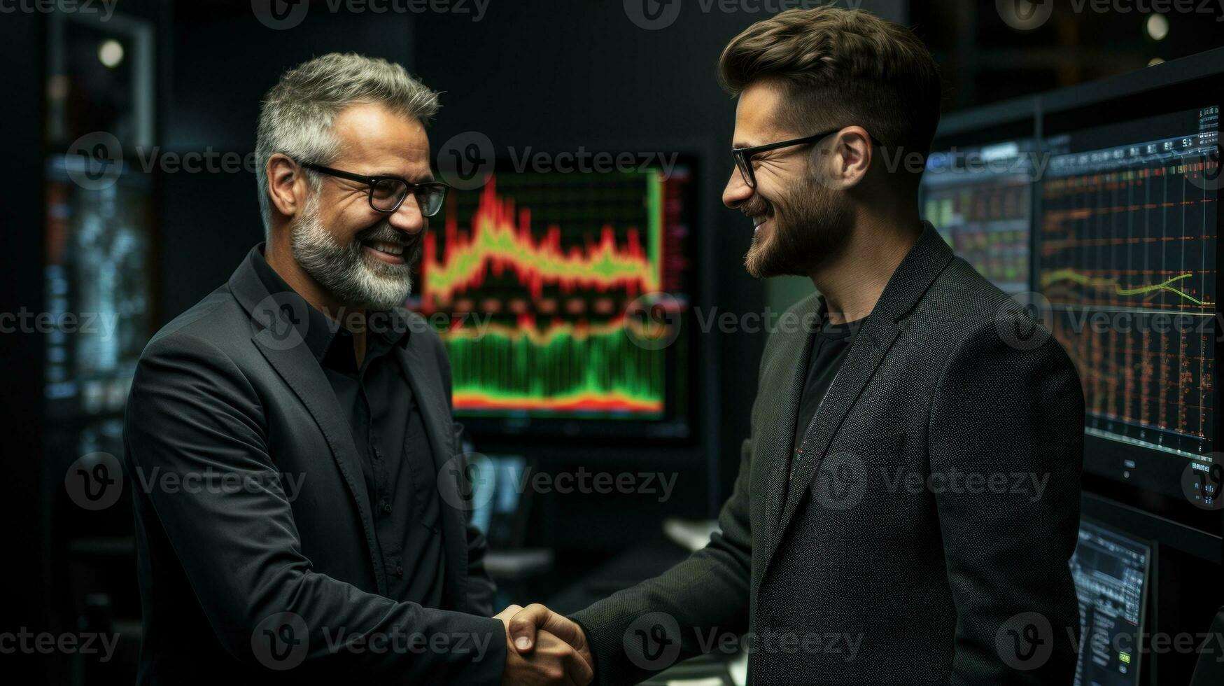 Businessmen shaking hands in front of a screen with a stock market chart. Generative AI photo