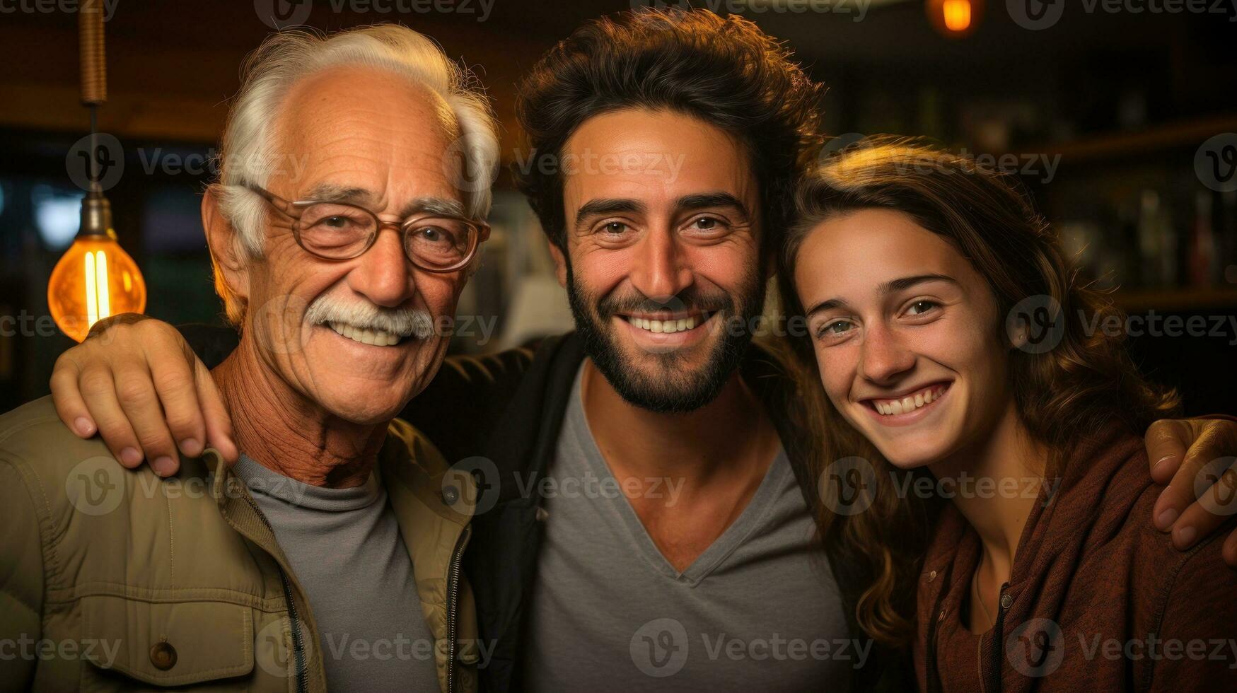 Old man posing candidly with his grandchildren. Generative AI photo