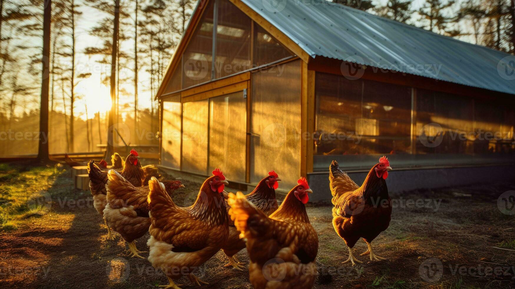 foto de pollos siguiente a el cooperativa. generativo ai