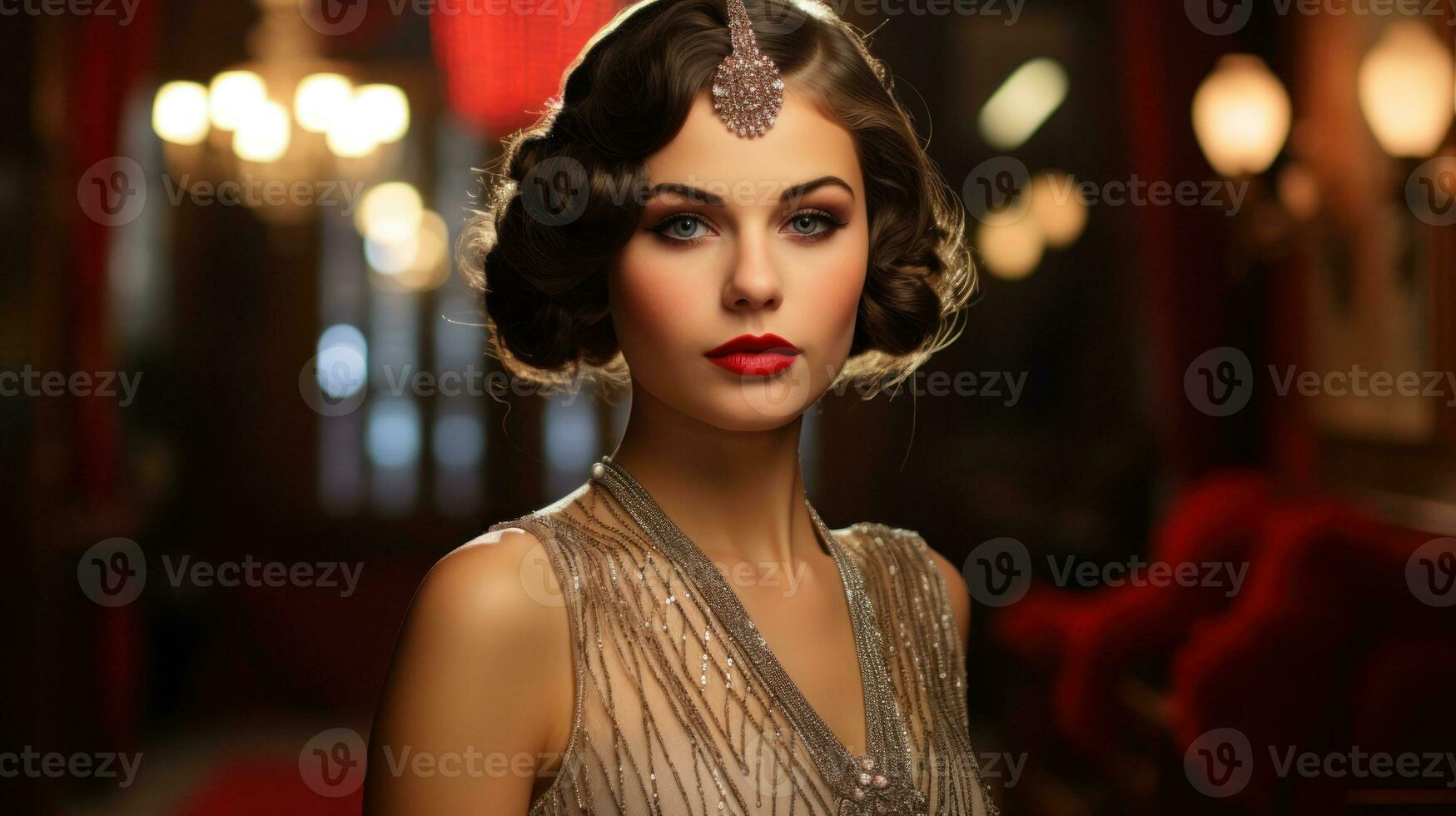 Vintage portrait of a lady in a 1920s flapper dress.. Generative AI photo