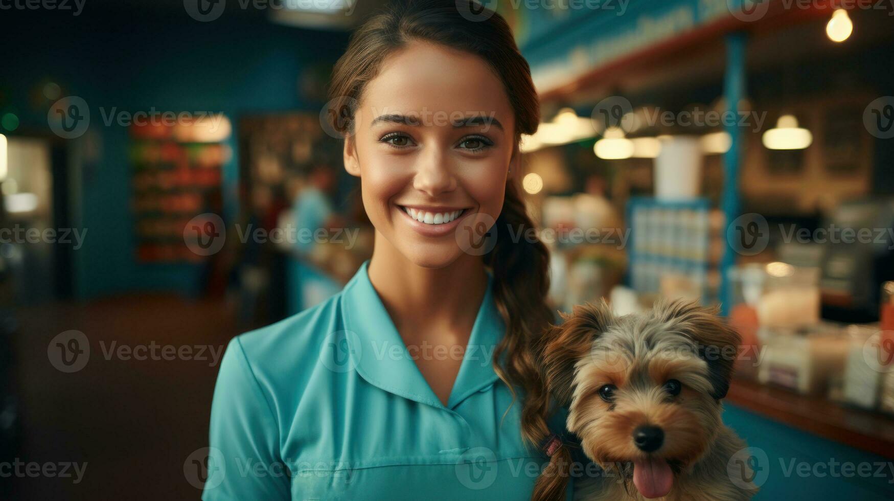 Photo of a female veterinarian hugging a small puppy. Generative AI