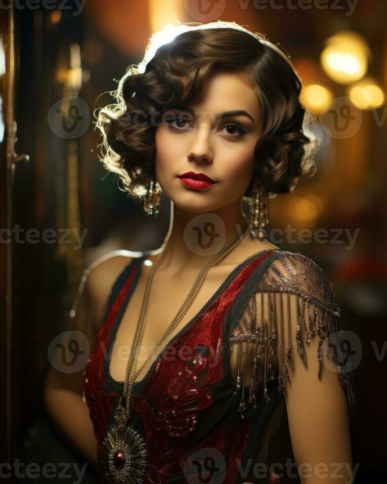 Vintage portrait of a lady in a 1920s flapper dress.. Generative AI photo