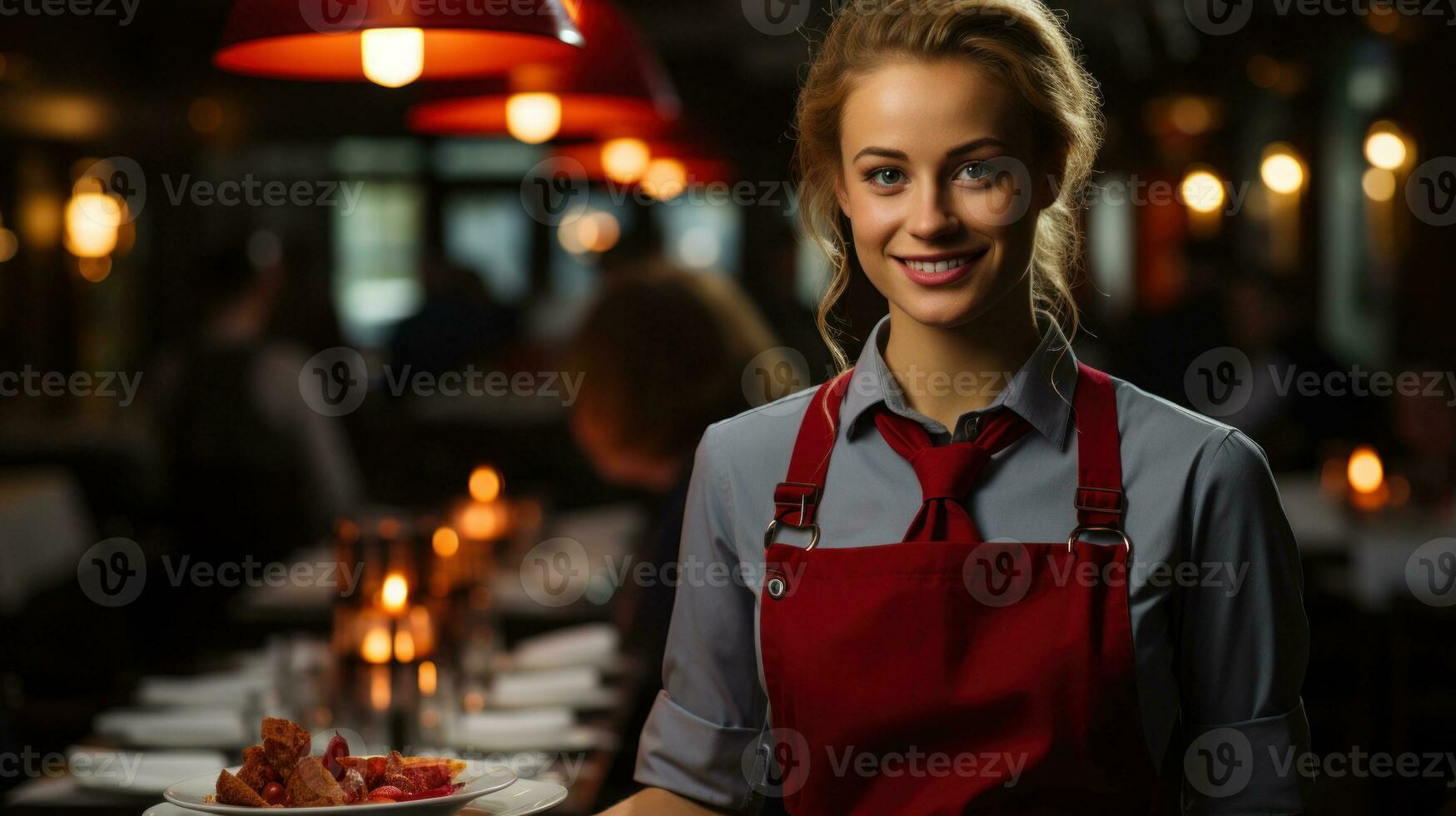 A waitress serving with a tray. Generative AI photo