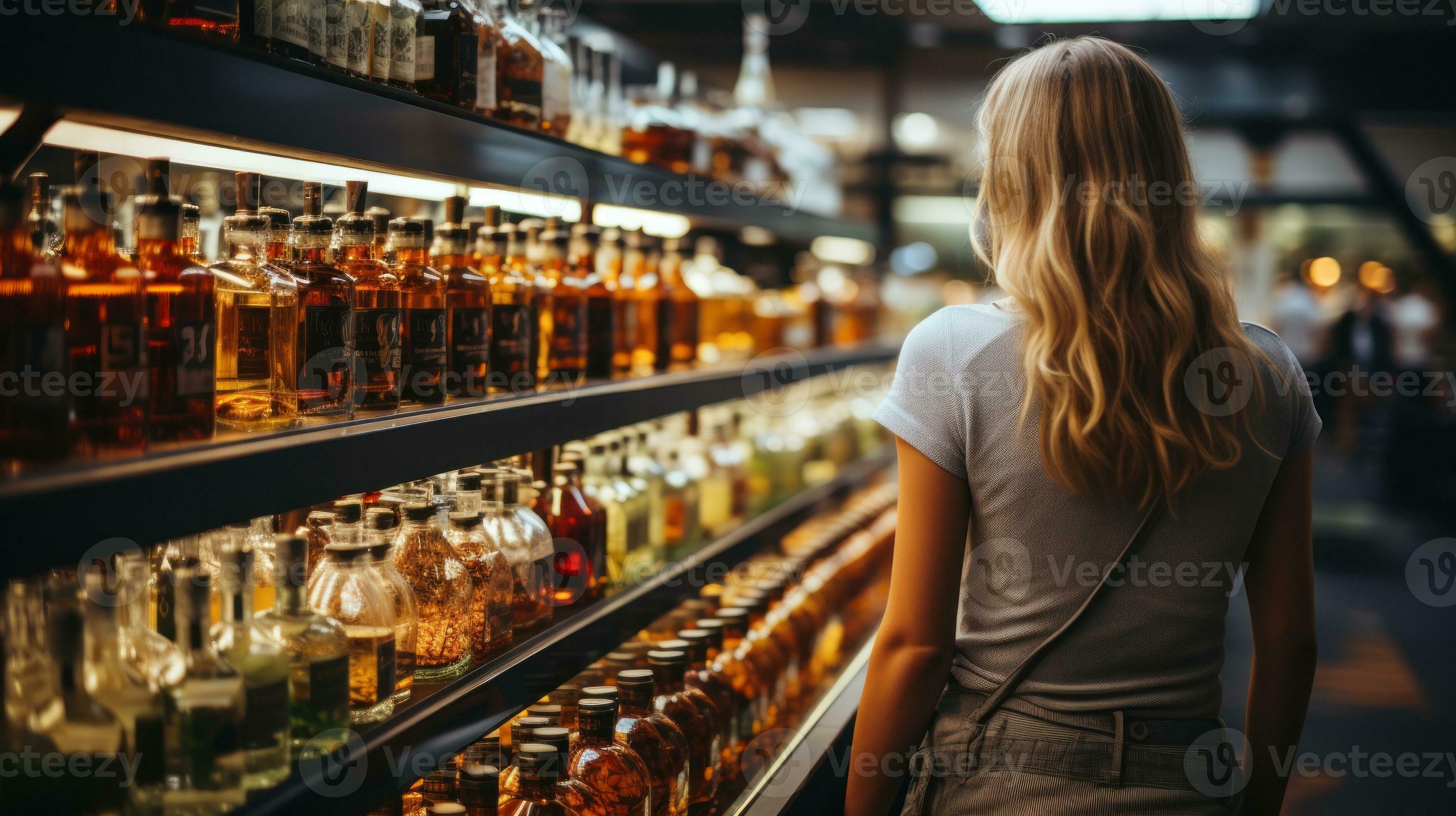 A woman browsing in the alcohol aisle of a supermarket. Generative AI