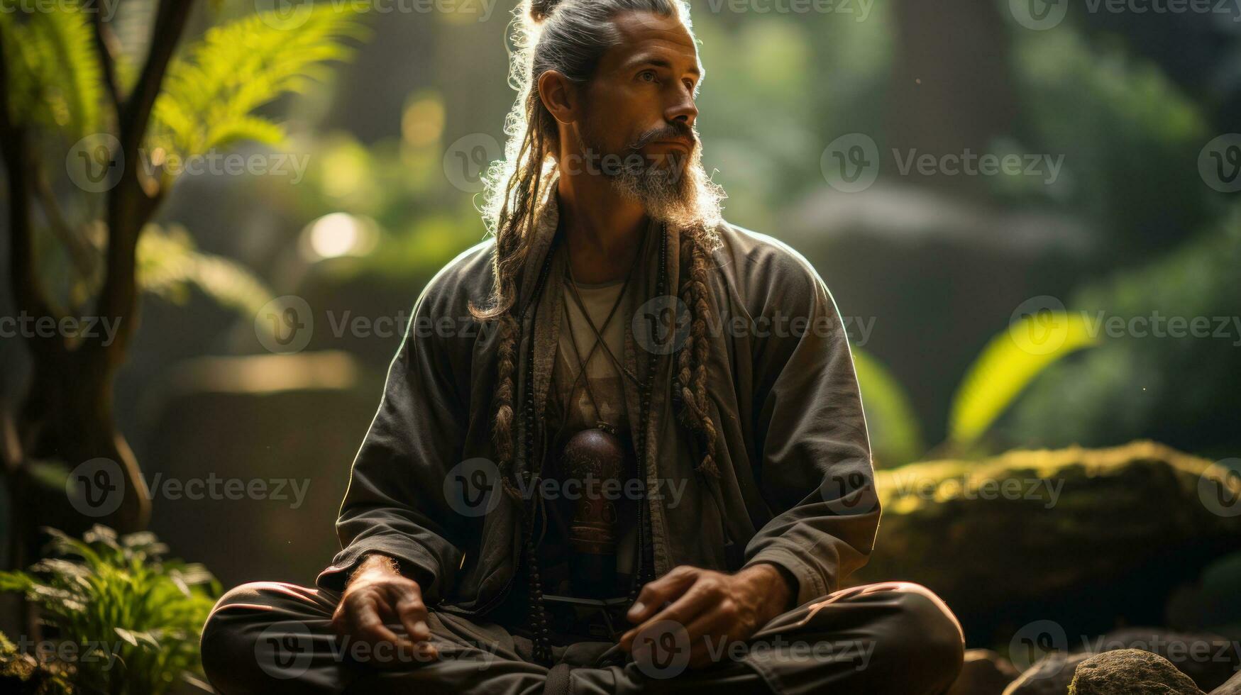 Yogi in a calm meditation pose wearing breathable activewear.. Generative AI photo