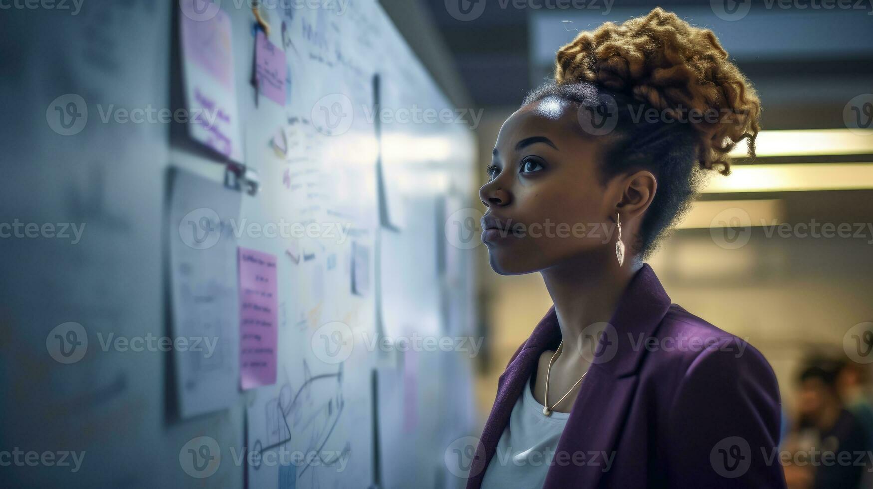 Business woman taking notes on post it and hanging it on the clipboard. Generative AI photo