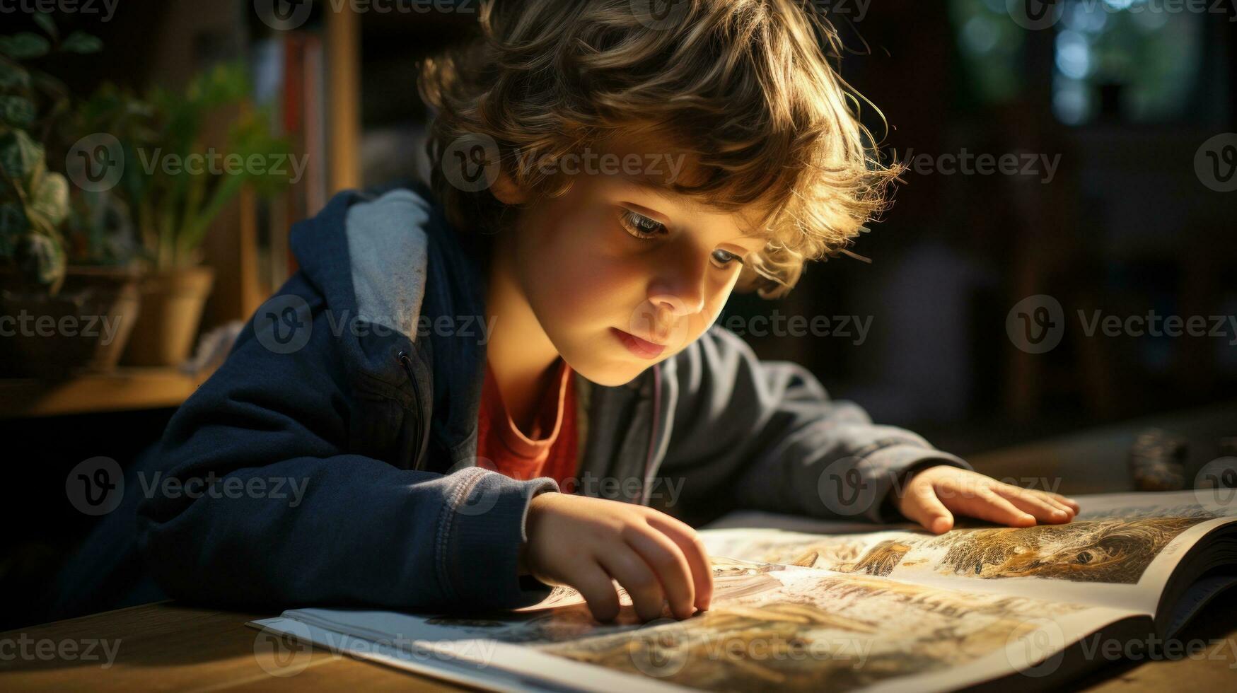 joven chico leyendo un grande imagen libro en el piso.. generativo ai foto