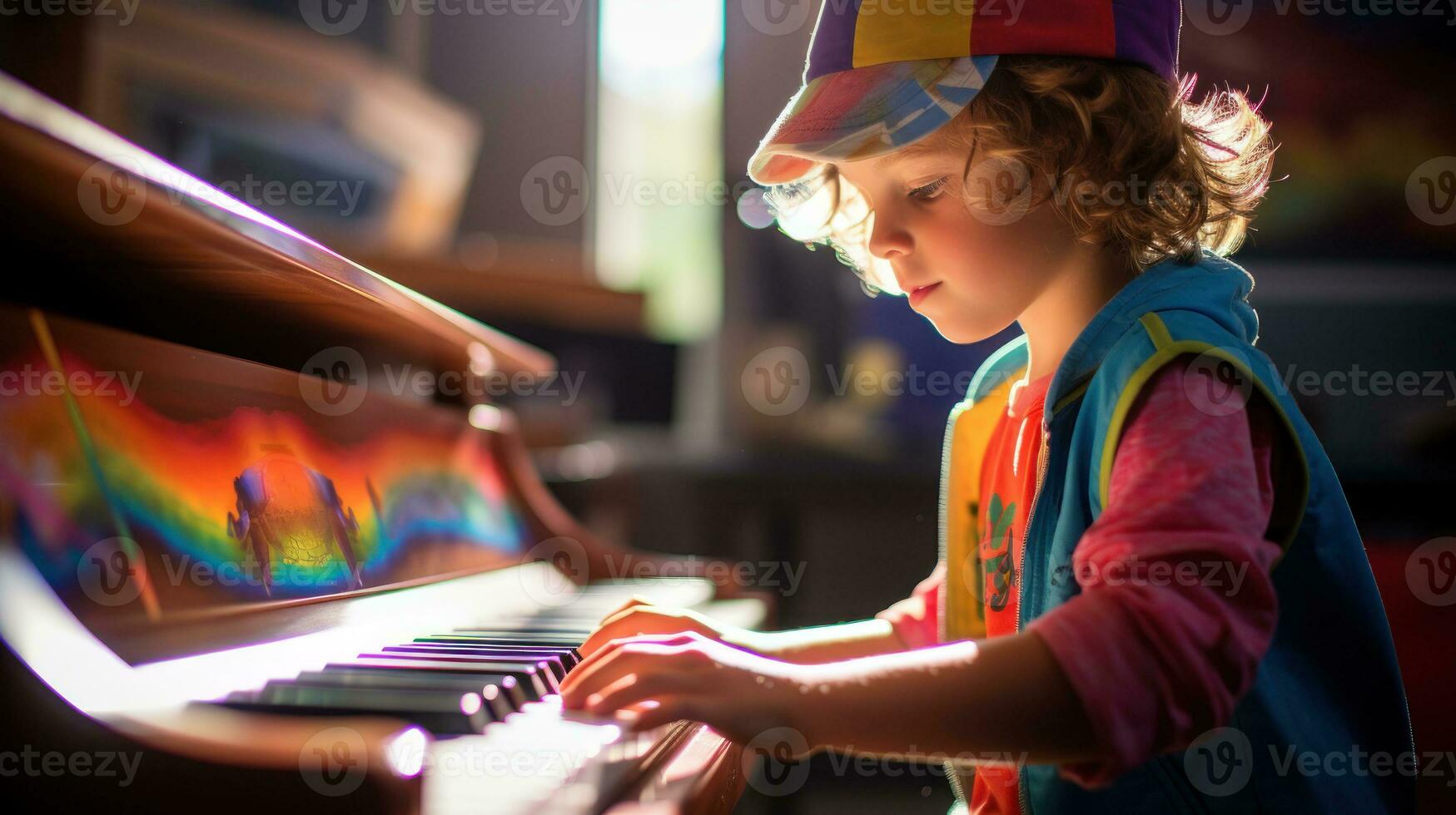 Young boy playing a toy piano with enthusiasm.. Generative AI photo