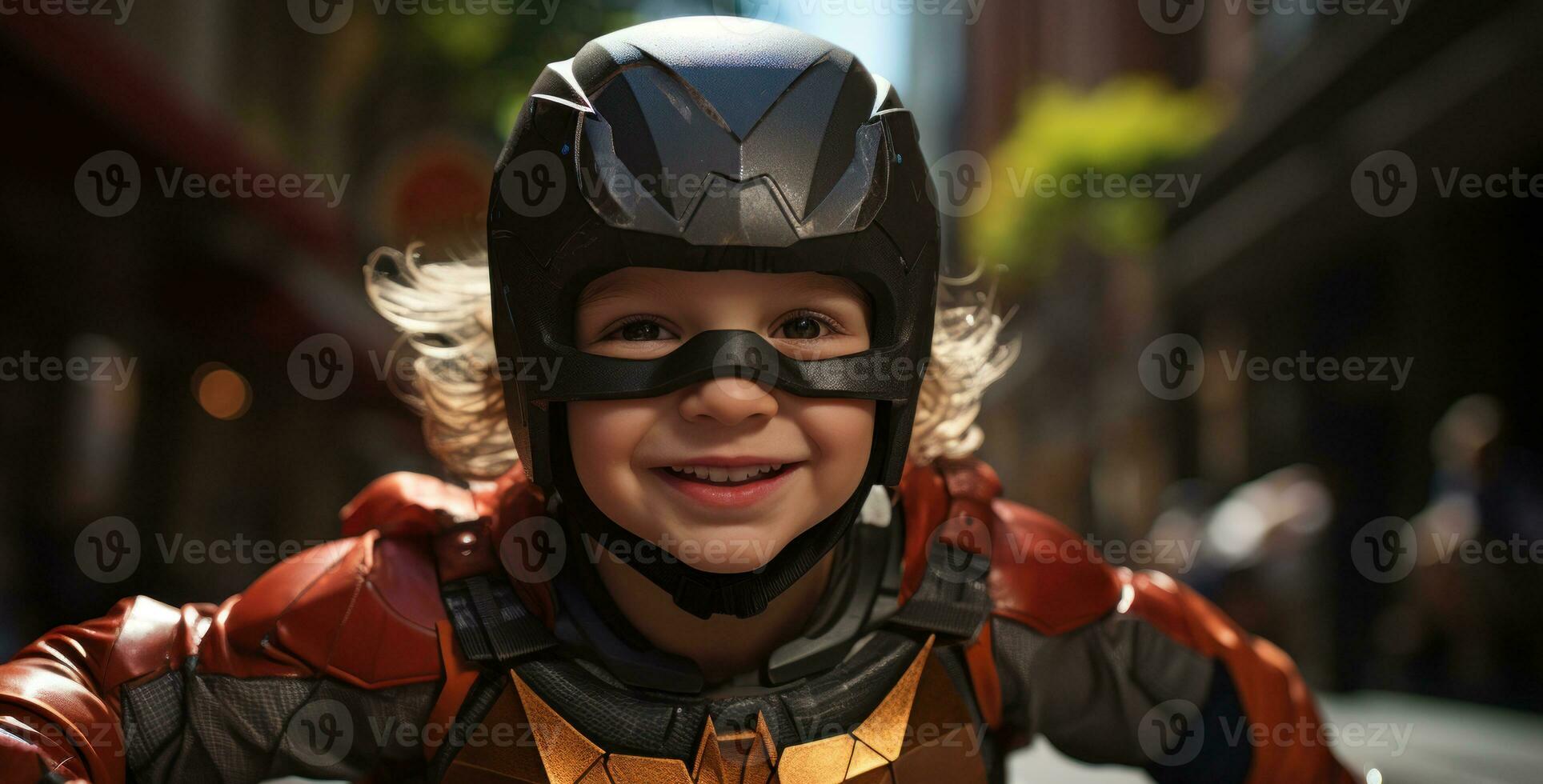 Little boy in superhero costume. Generative AI photo