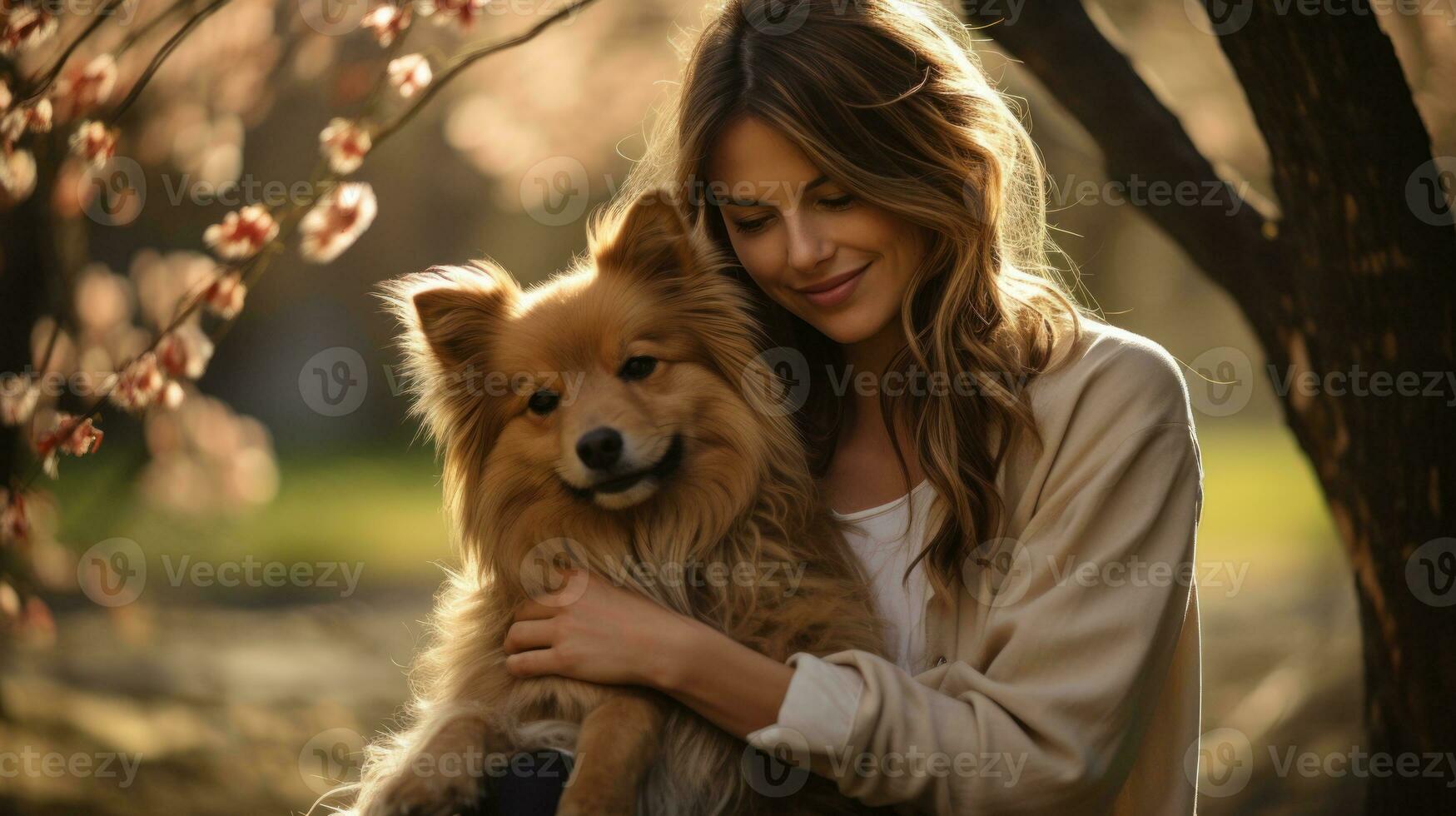 Woman posing happy with her dog in the park on autumn day. Generative AI photo