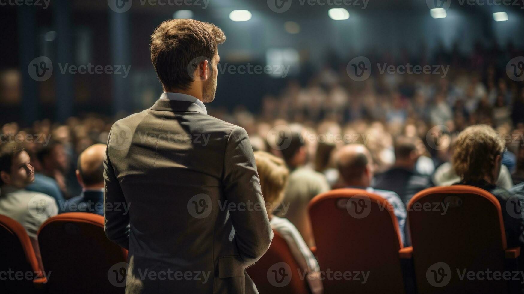 Businessman listening to a speaker. Generative AI photo