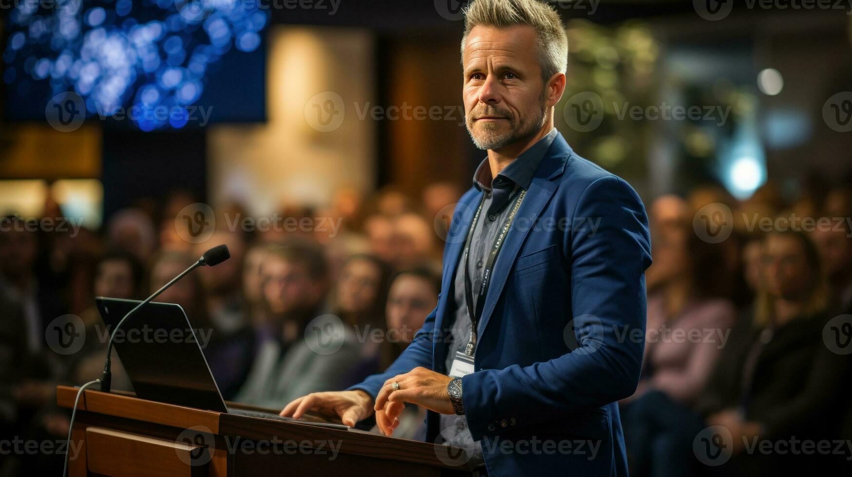 Businessman listening to a speaker. Generative AI photo