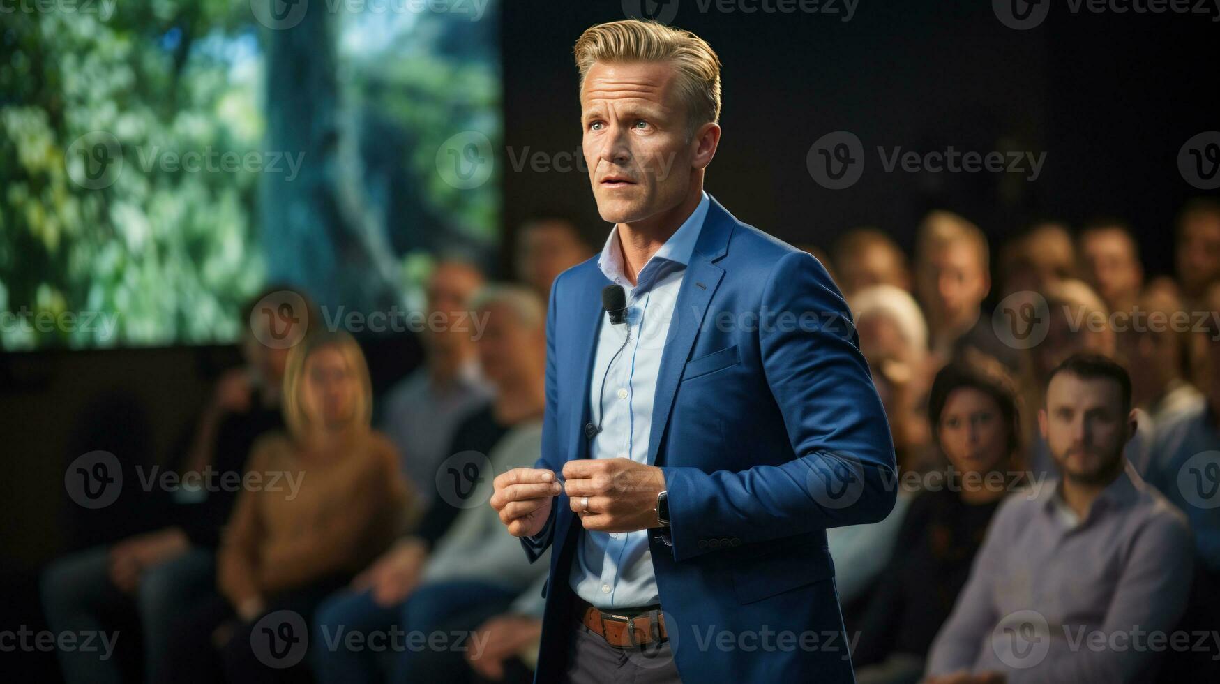 Businessman listening to a speaker. Generative AI photo