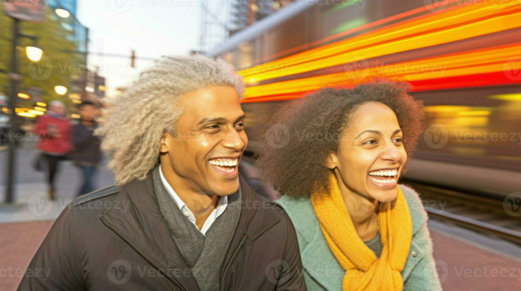 A smiling couple walking down the street. Generative AI photo