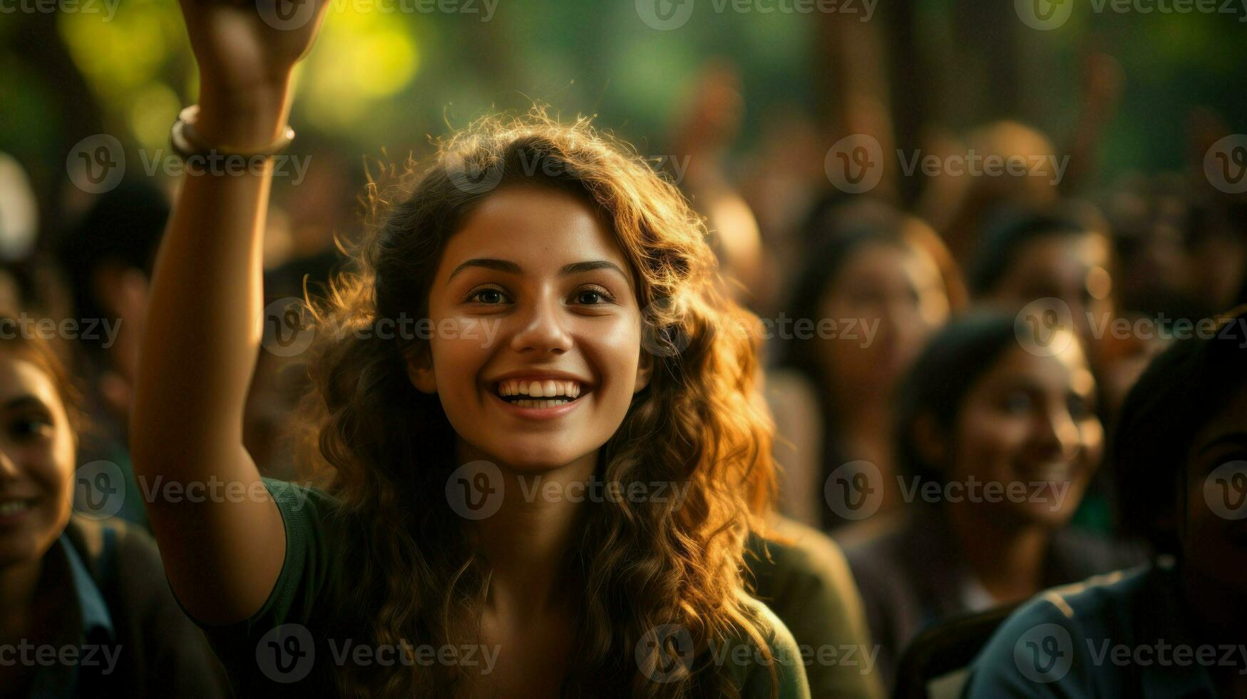 Young woman laughing among the crowd raising her hand. Generative AI photo