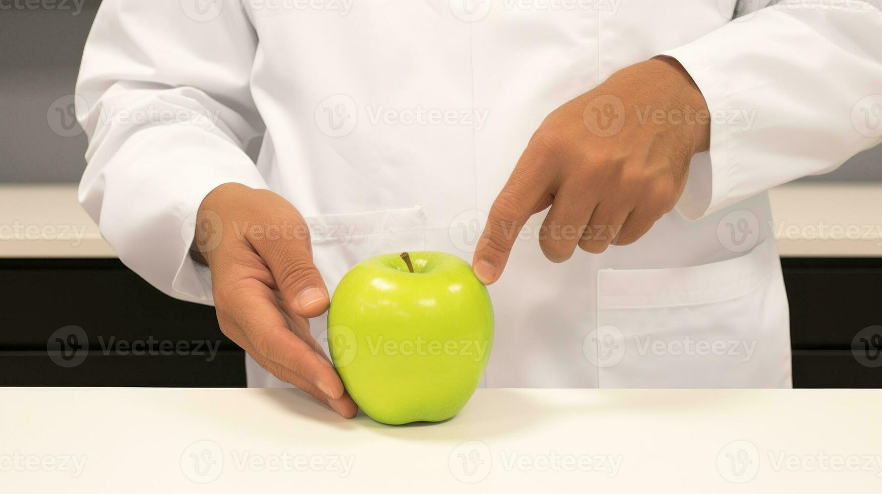 A doctor holding an apple. Generative AI photo