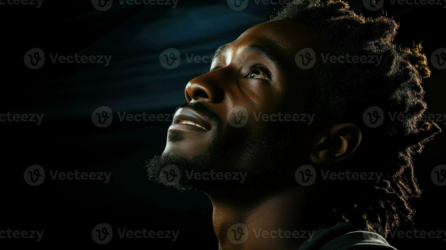 Close-up of African American man looking up. Generative AI photo