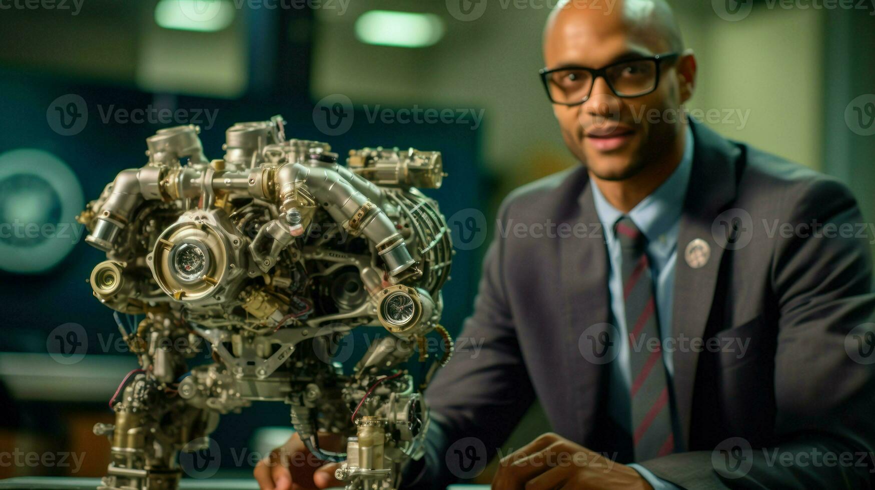 A businessman inspecting their newly developed engine. Generative AI photo