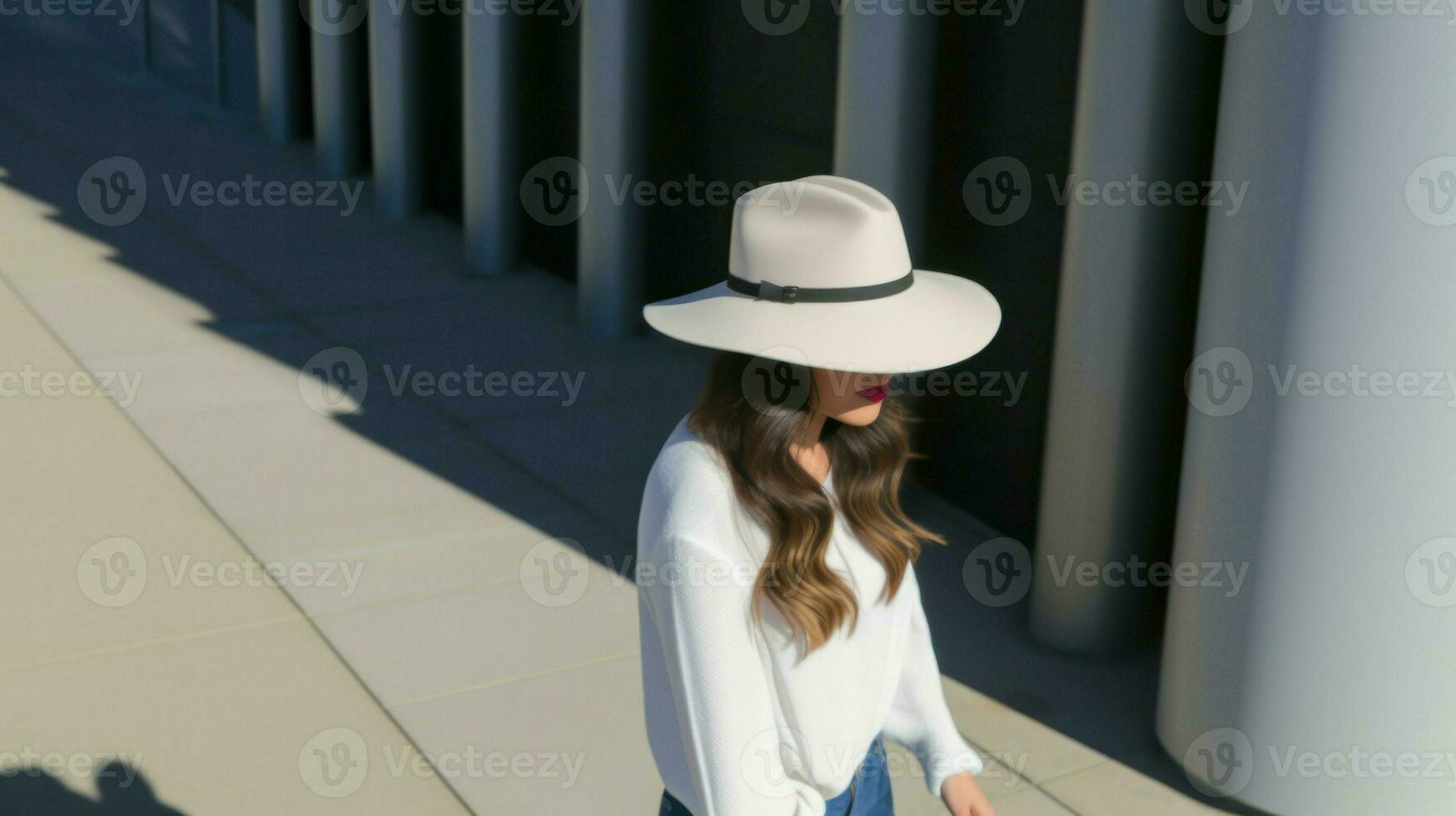 Top shot outside young attractive woman in white hat. Generative AI photo