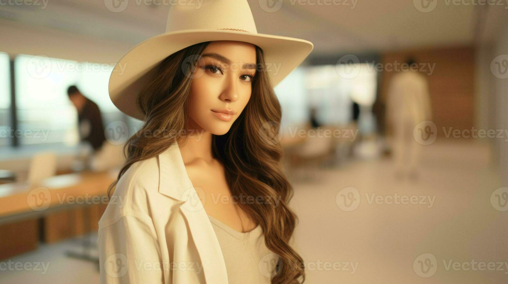 Young attractive asian woman in white hat posing outside. Generative AI photo