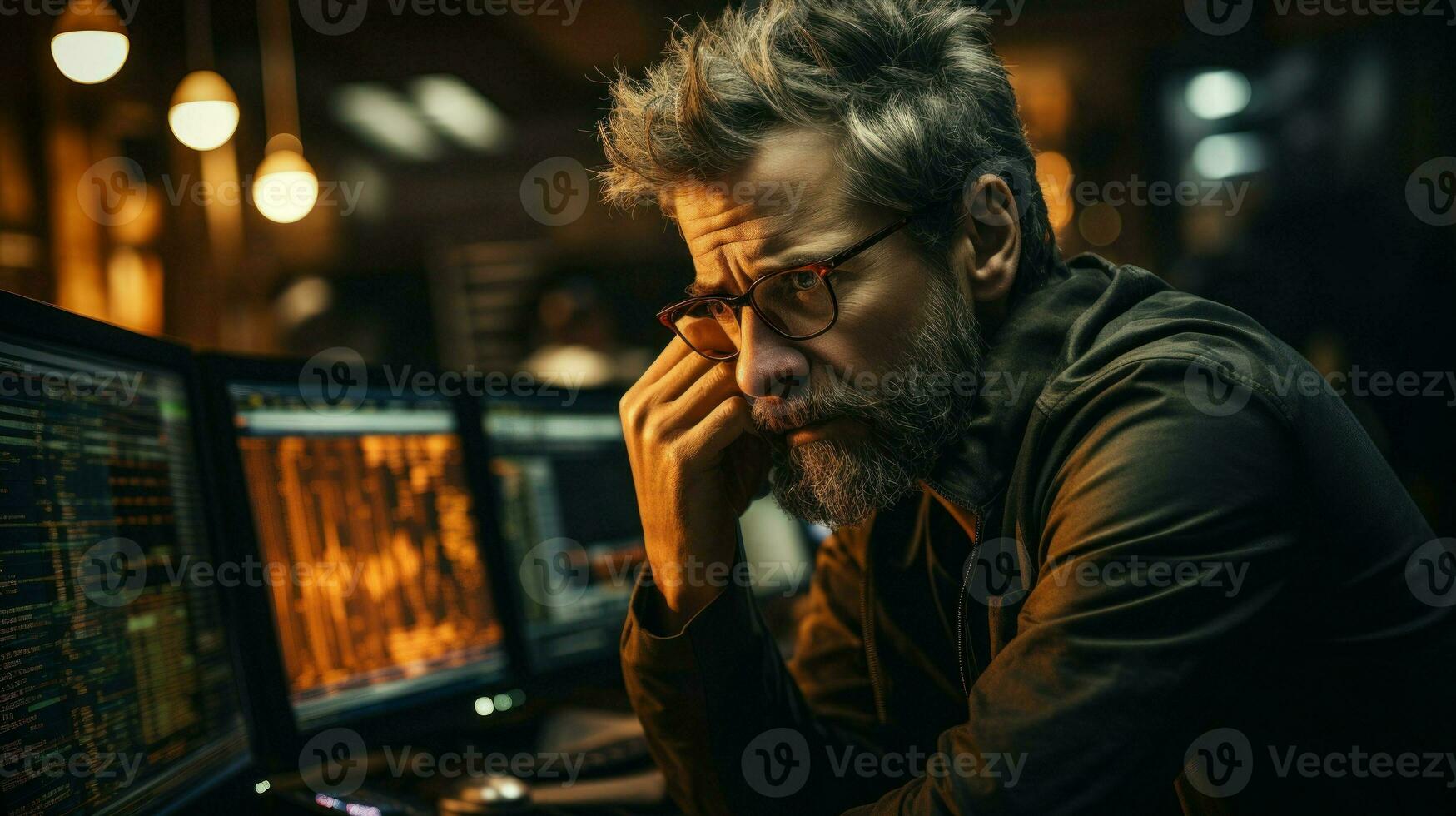 A middle-aged man appearing stressed while working late at night.. Generative AI photo