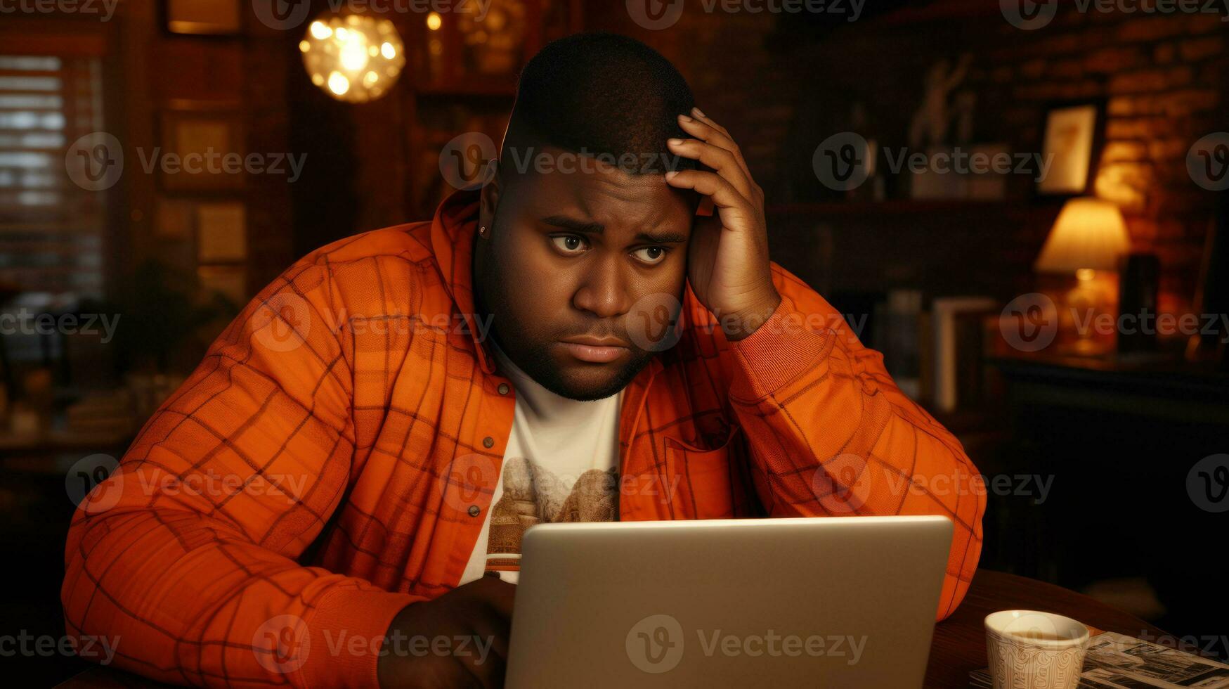 A man looking stressed in front of a laptop, possibly dealing with technical issues.. Generative AI photo