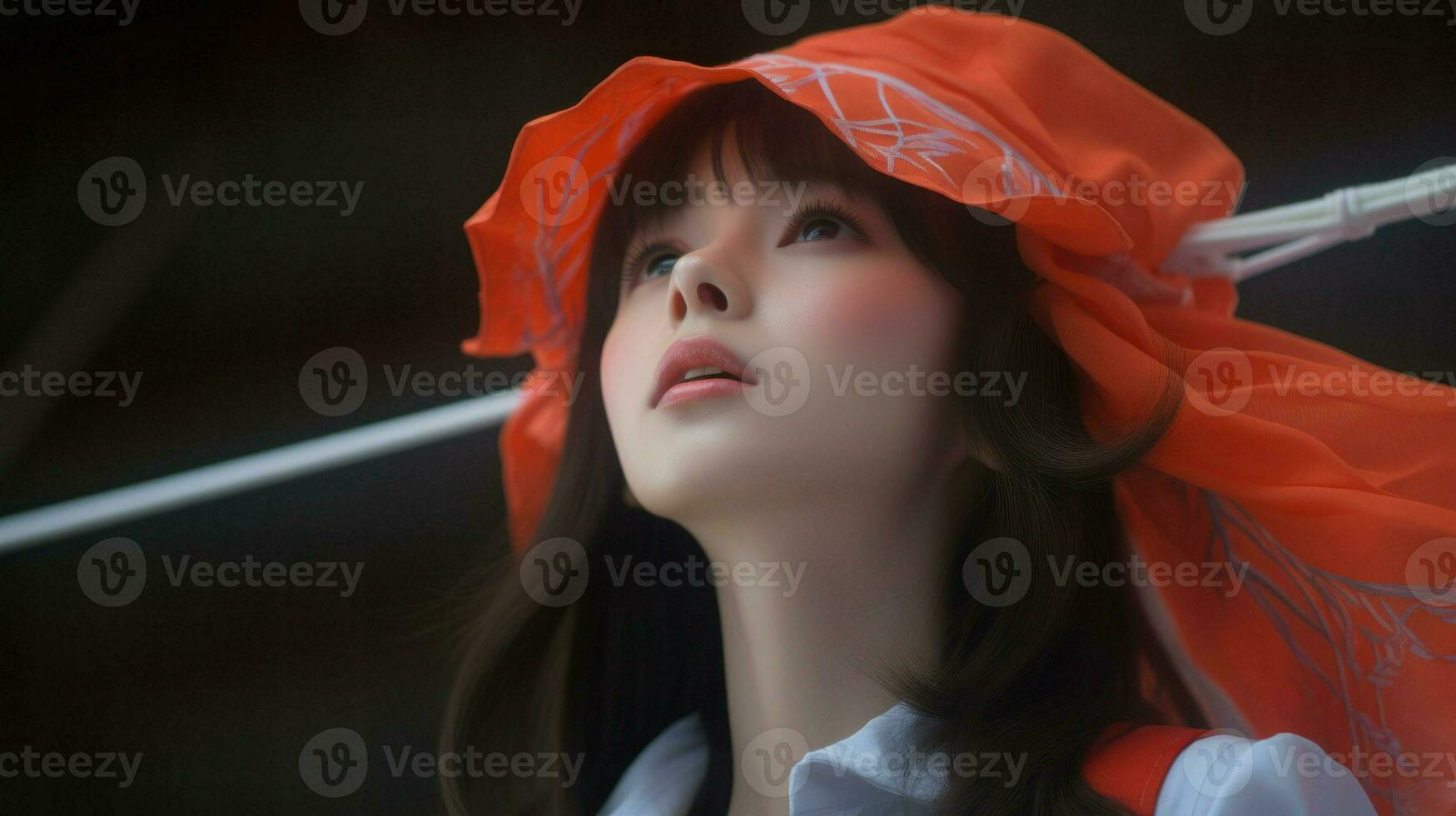 Dreamy asian woman in a transparent orange hat.. Generative AI photo