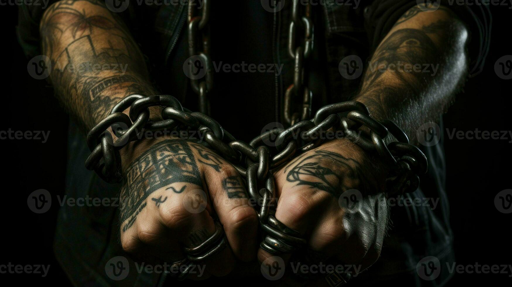 Close-up of tattooed hands bound by chains.. Generative AI photo