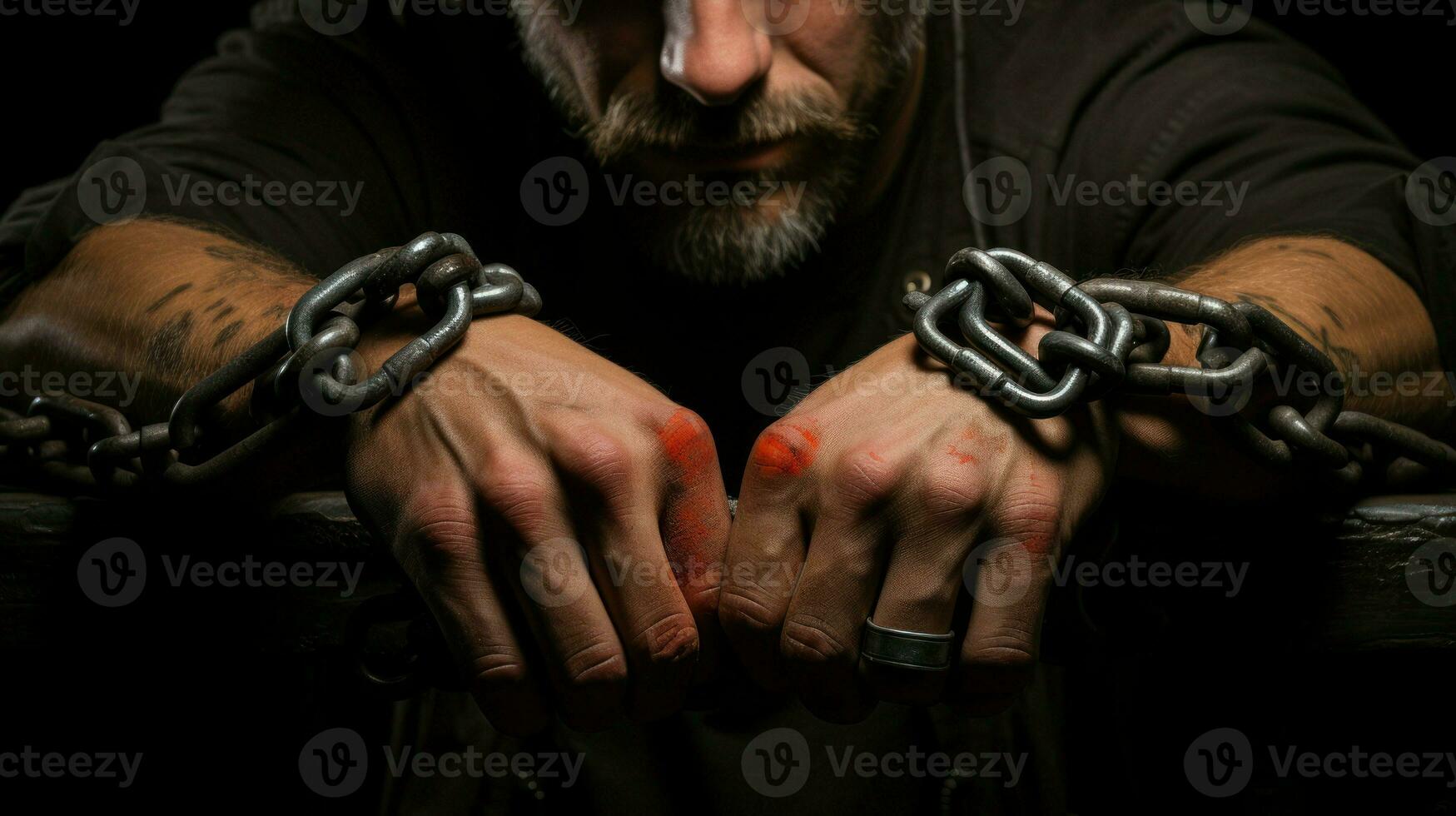 Tattooed man introspectively contemplating his bound hands.. Generative AI photo