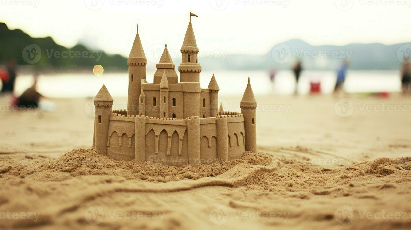 Detailed sand castle on the beach. Generative AI photo