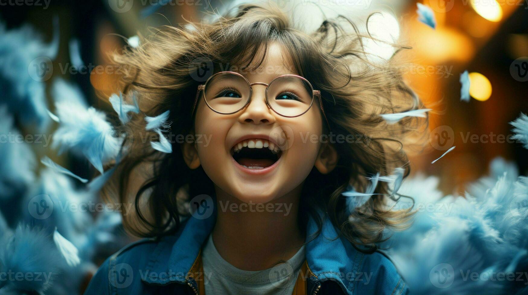 A cheerful young girl with wavy hair laughing heartily.. Generative AI photo