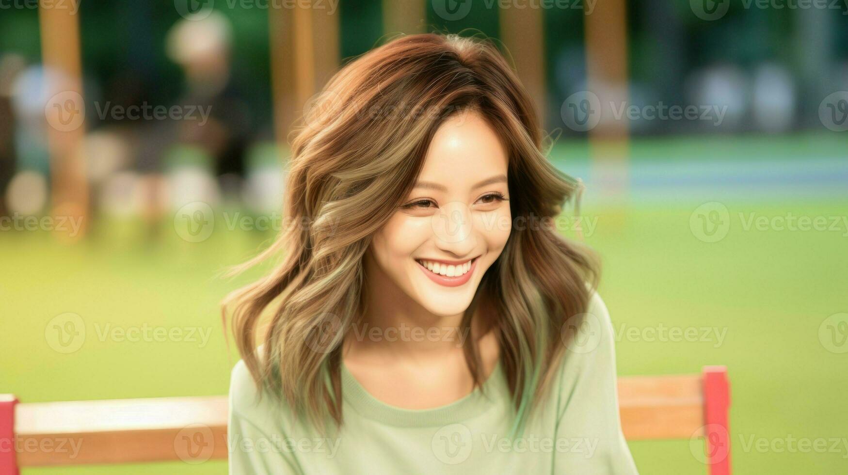 Young asian woman laughing sitting on a bench in the park. Generative AI photo