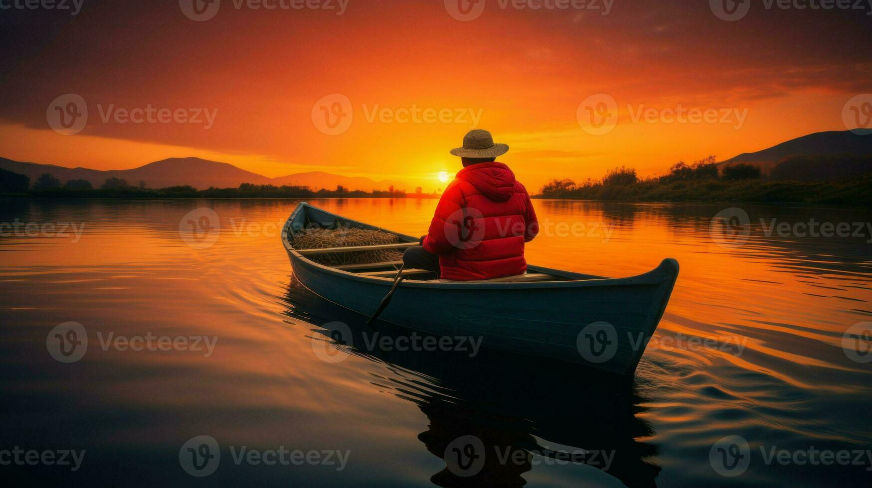 Person in a boat paddling during sunset on a calm lake.. Generative AI photo