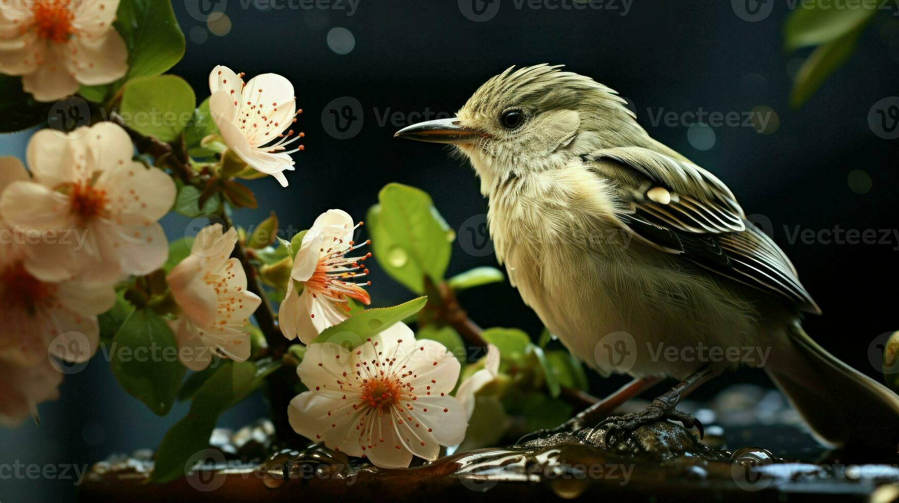 Bird perched on a branch with blossoming flowers.. Generative AI photo