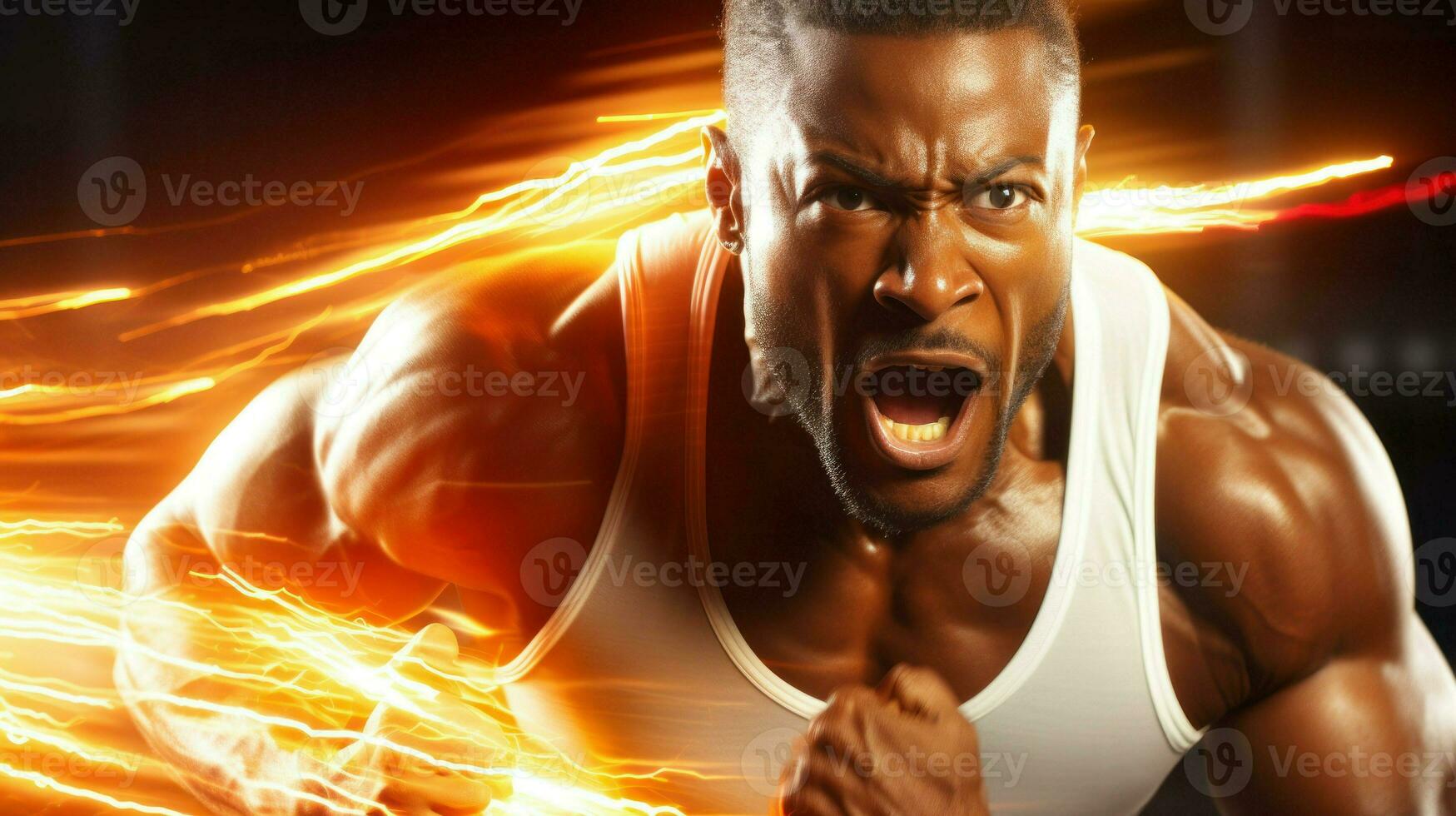 Intense depiction of a strong male athlete with electric powers. Generative AI photo